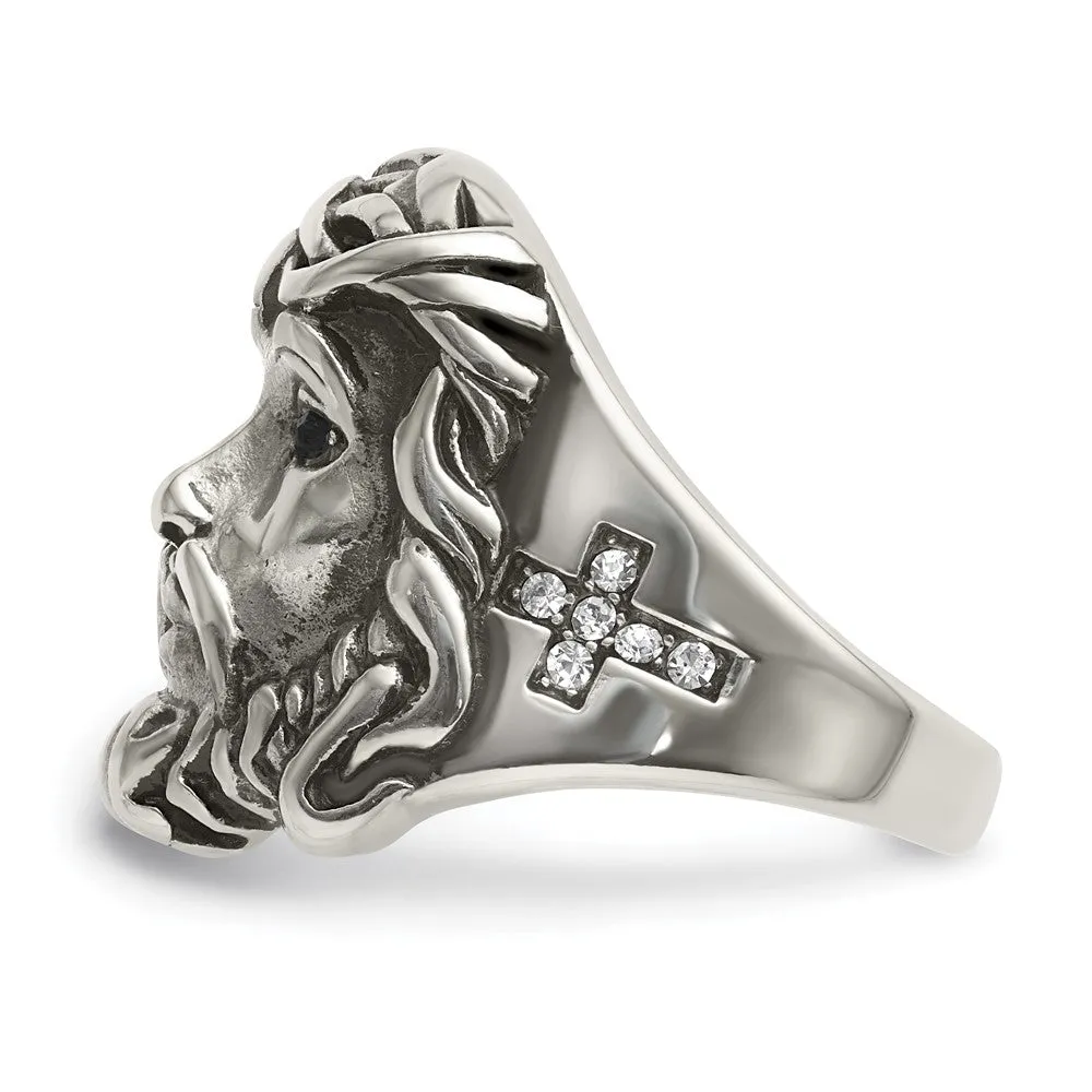 Men's 25mm Stainless Steel & Crystal Jesus Cross Tapered Ring