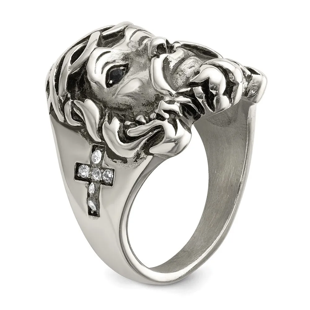 Men's 25mm Stainless Steel & Crystal Jesus Cross Tapered Ring