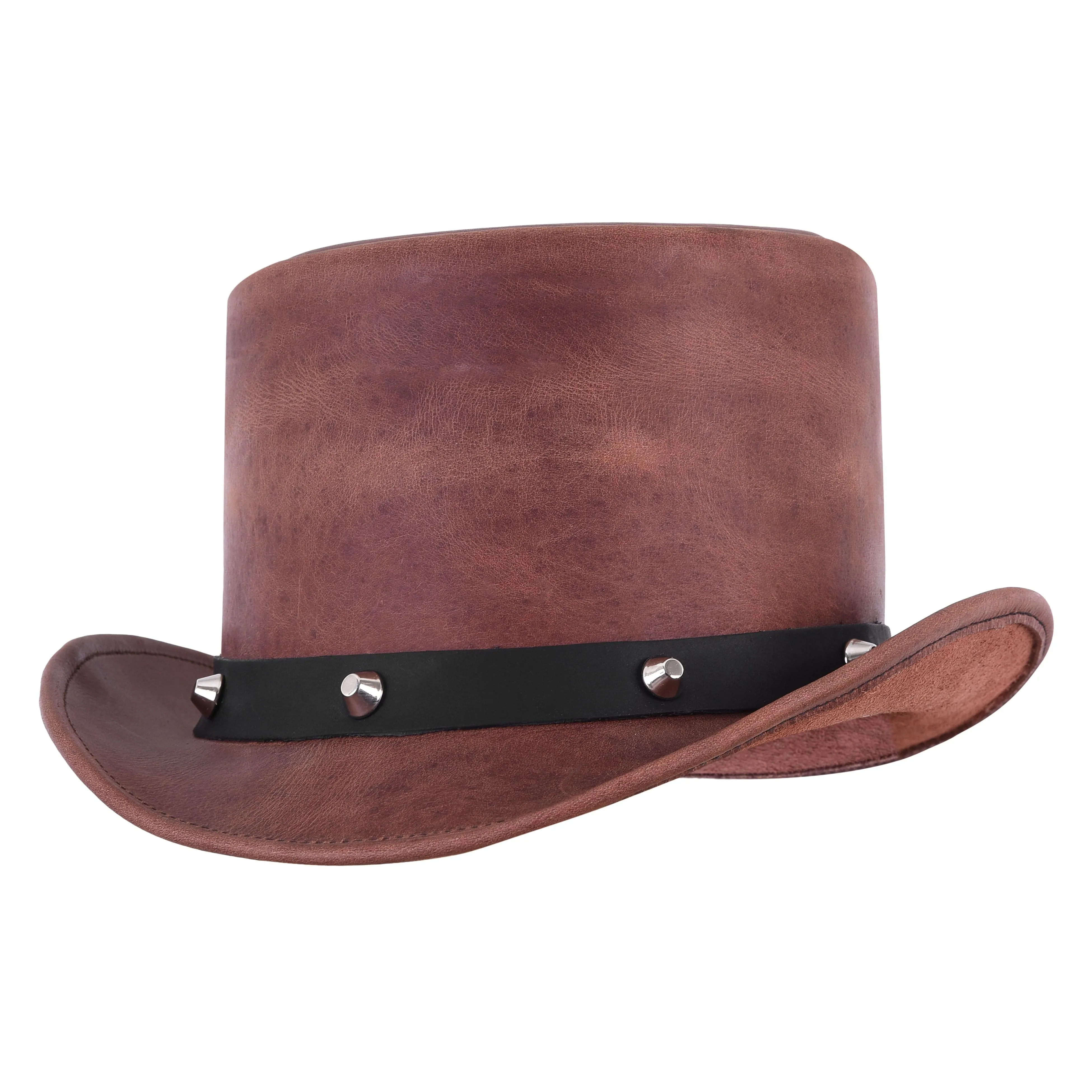 Men's Brown Leather Top Hat With Black Studded Hat Band