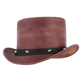 Men's Brown Leather Top Hat With Black Studded Hat Band