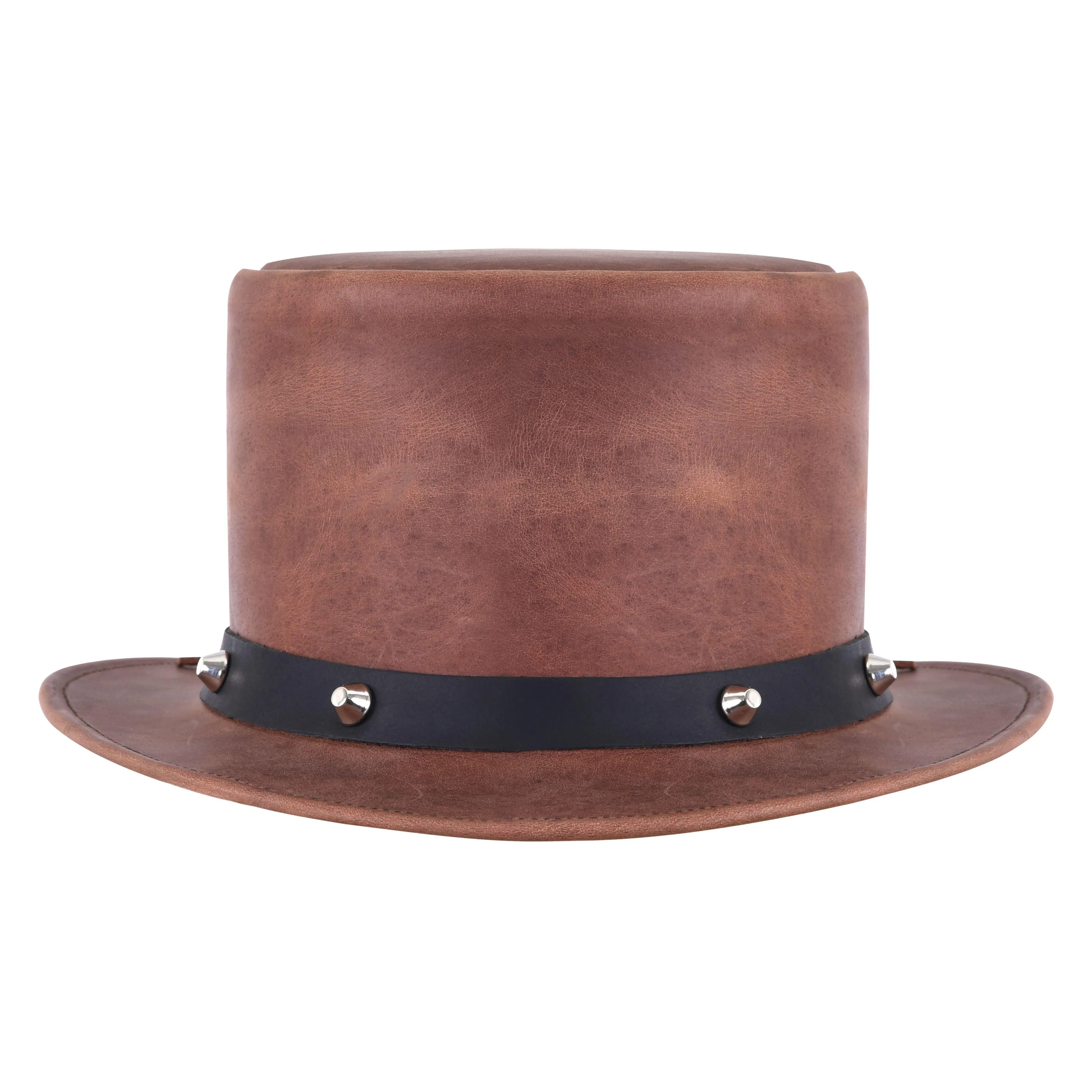 Men's Brown Leather Top Hat With Black Studded Hat Band