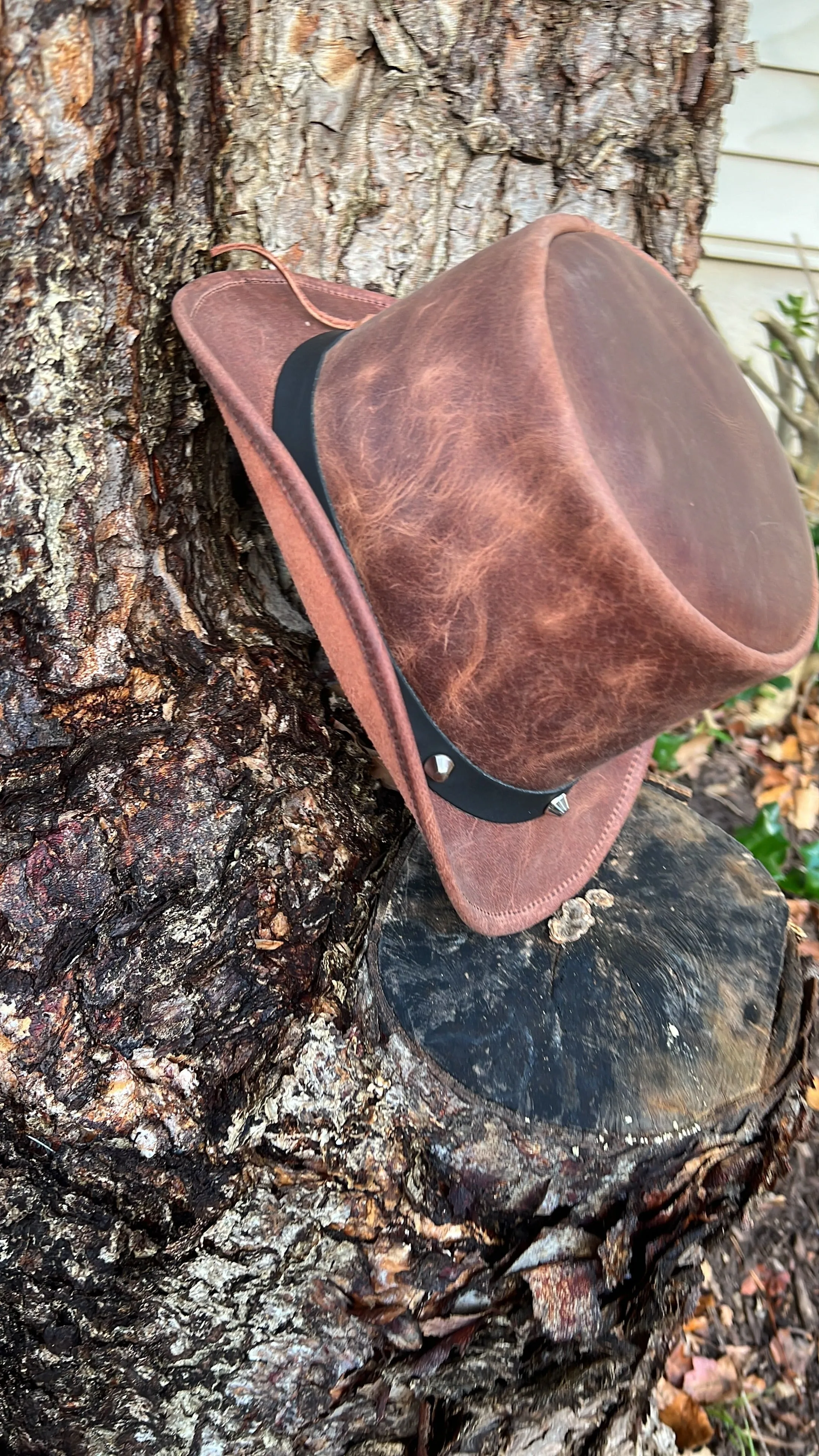 Men's Brown Leather Top Hat With Black Studded Hat Band