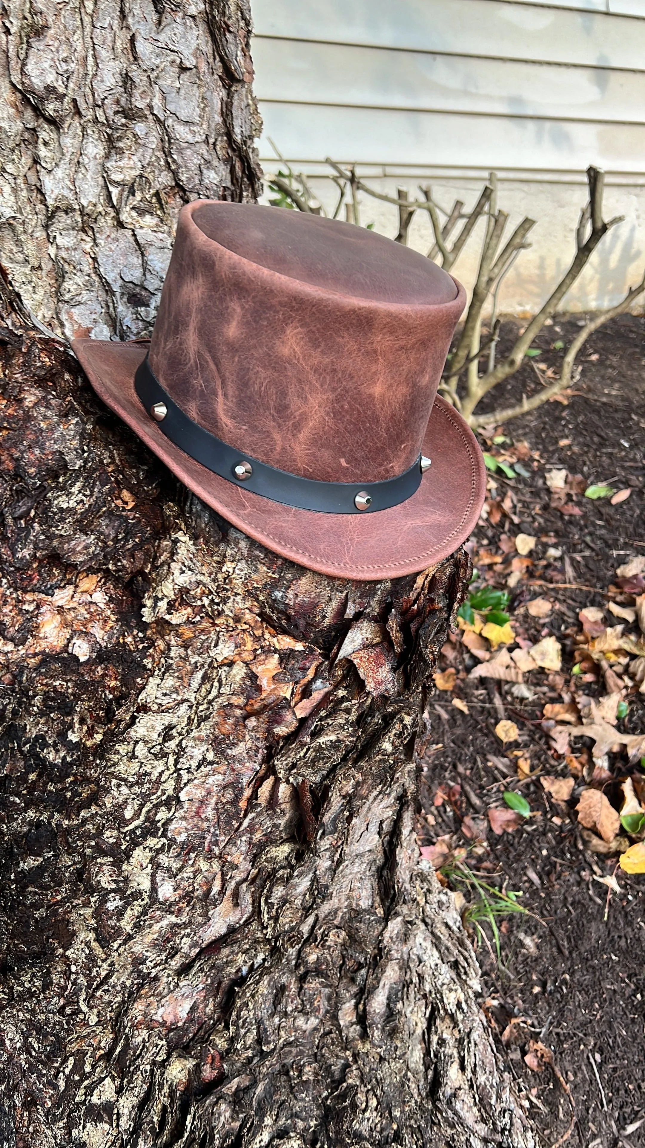 Men's Brown Leather Top Hat With Black Studded Hat Band