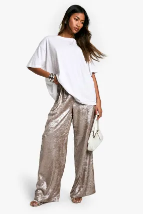 Metallic Diamante Satin Wide Leg Trousers