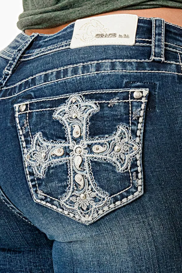 Bootcut Jeans with Cross Embellishments