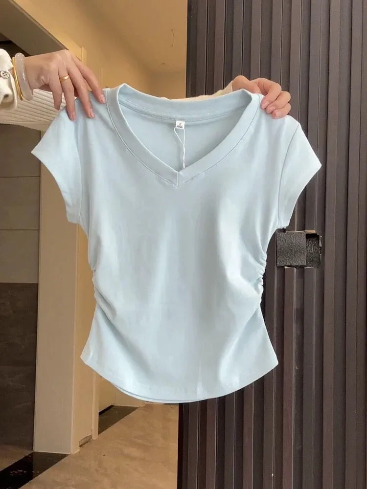 Milk blue V-neck girlish straight shoulder T-shirt summer 2024 waist pleated slim top female niche hot girl short sleeve