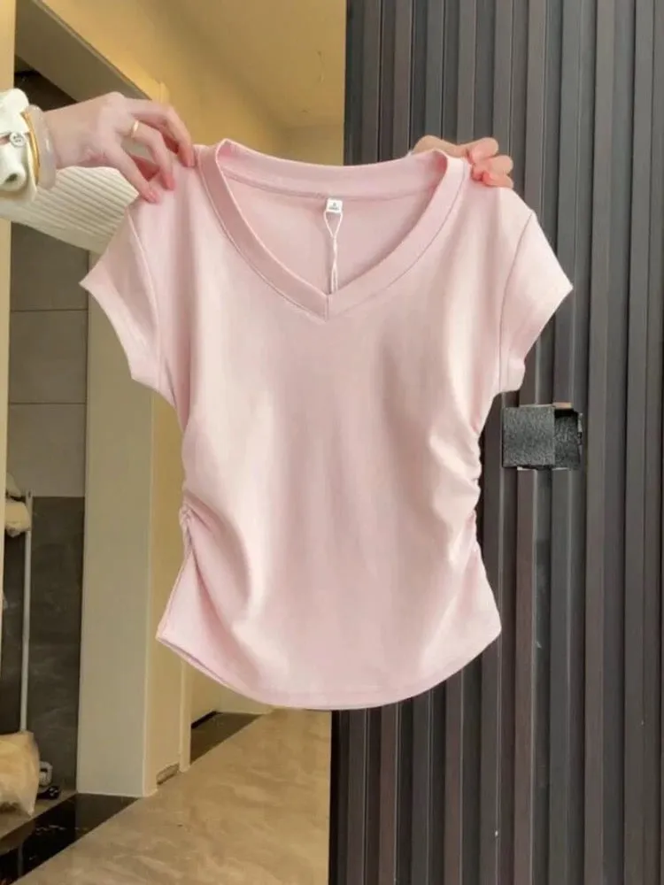 Milk blue V-neck girlish straight shoulder T-shirt summer 2024 waist pleated slim top female niche hot girl short sleeve