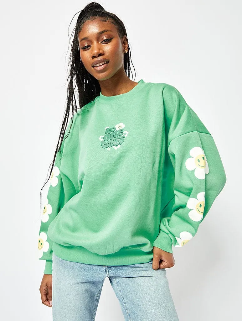 No One Cares Oversized Sweatshirt in Washed Green