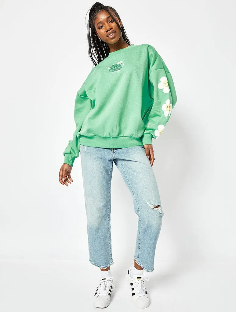 No One Cares Oversized Sweatshirt in Washed Green