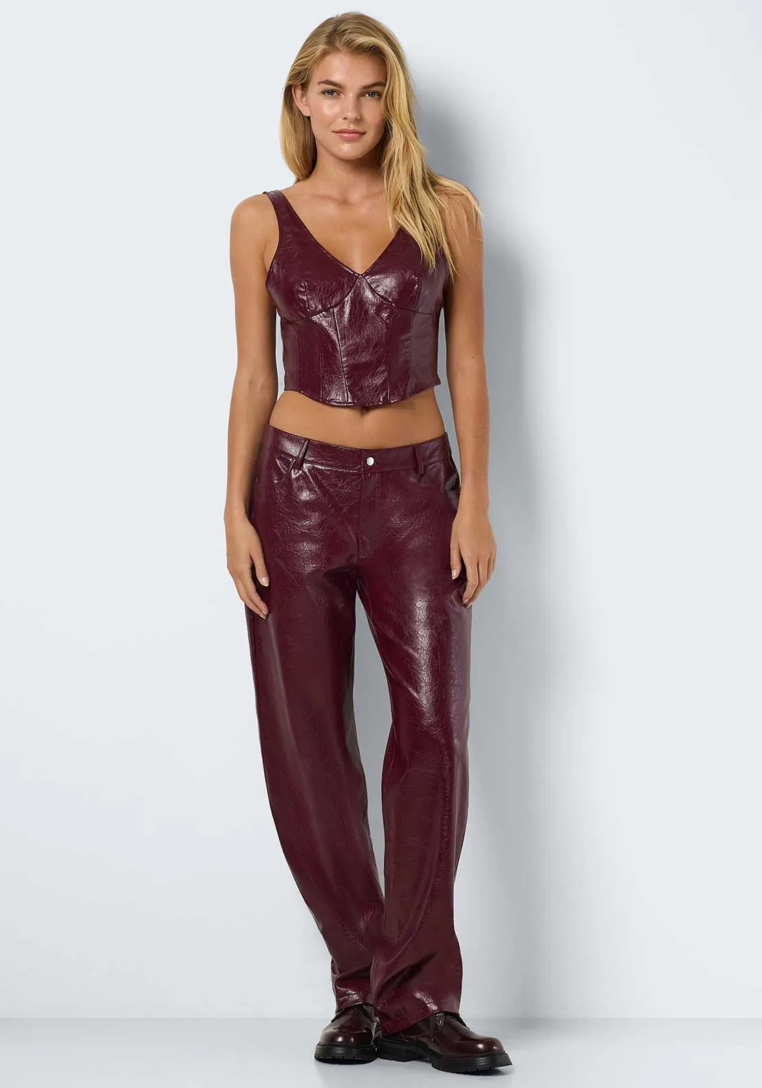 Noisy May Kane PU Trousers, Wine