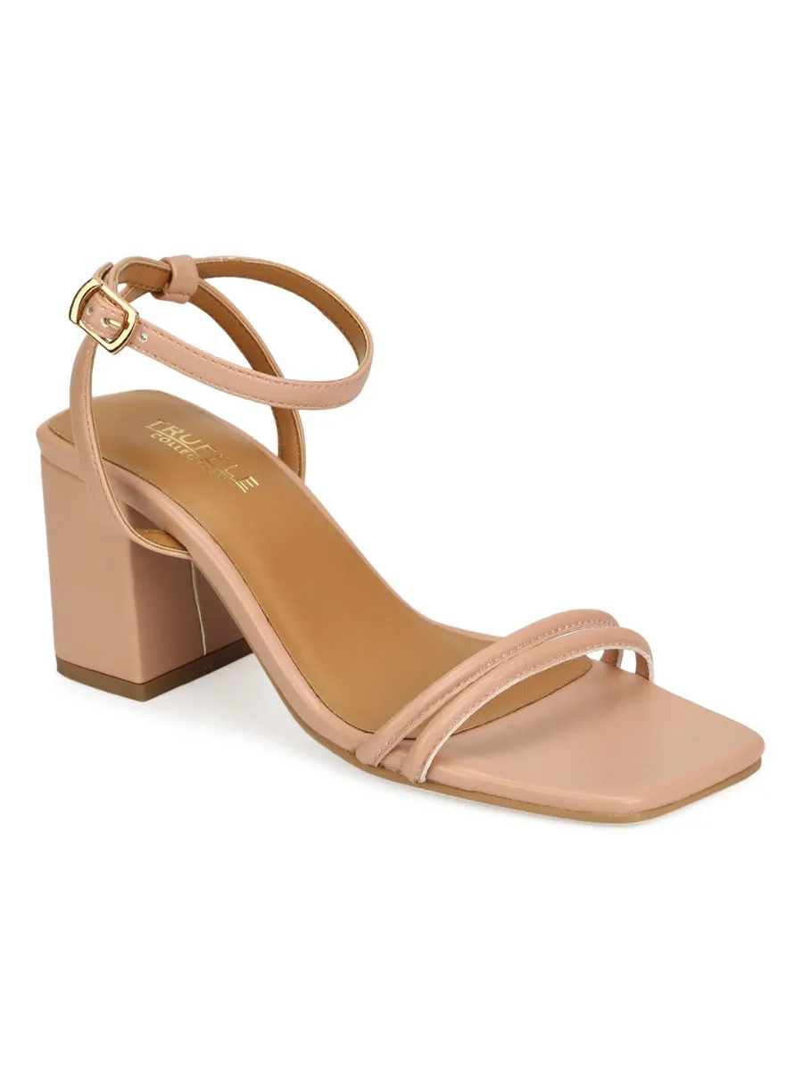 Nude PU Double Strap Block Heels