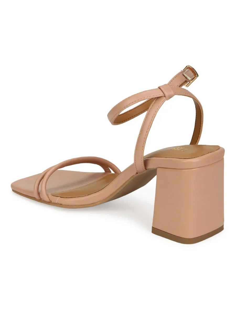 Nude PU Double Strap Block Heels