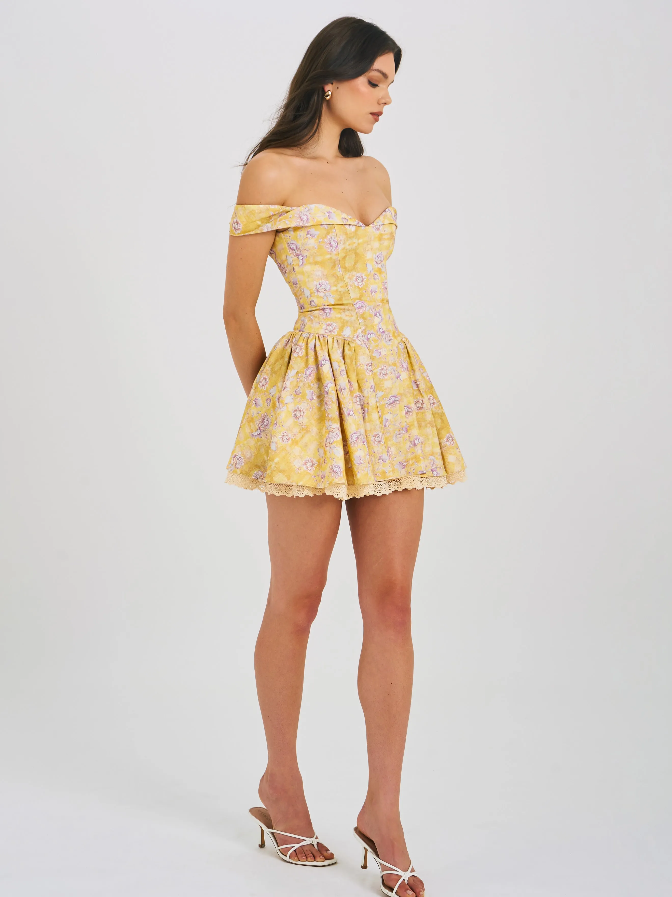 Oana Floral Print Linen Collared Off Shoulder Mini Dress