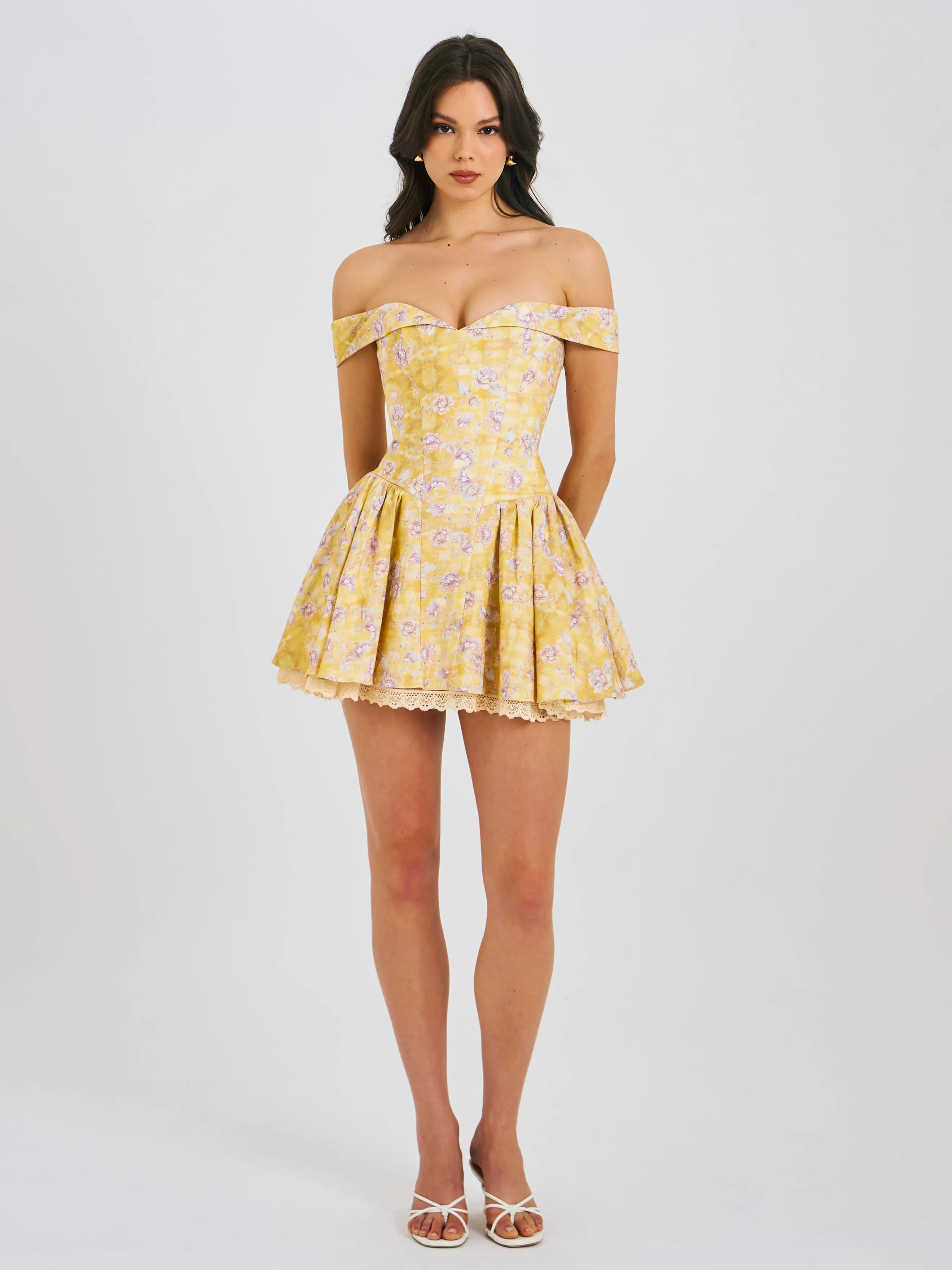 Oana Floral Print Linen Collared Off Shoulder Mini Dress