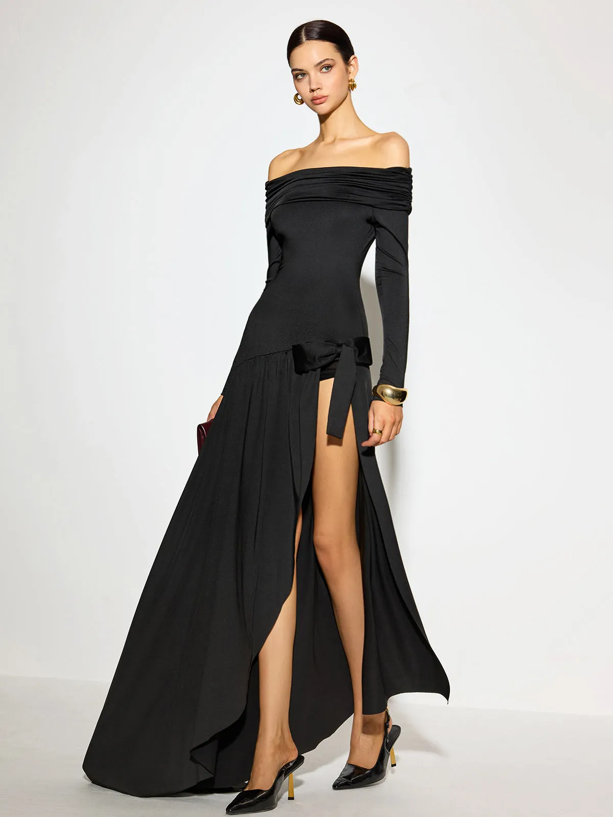 Off-Shoulder Ruched Bow Split Dress