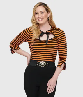 1950s Orange & Black Stripe Cutout Neck Tie Top by Unique Vintage