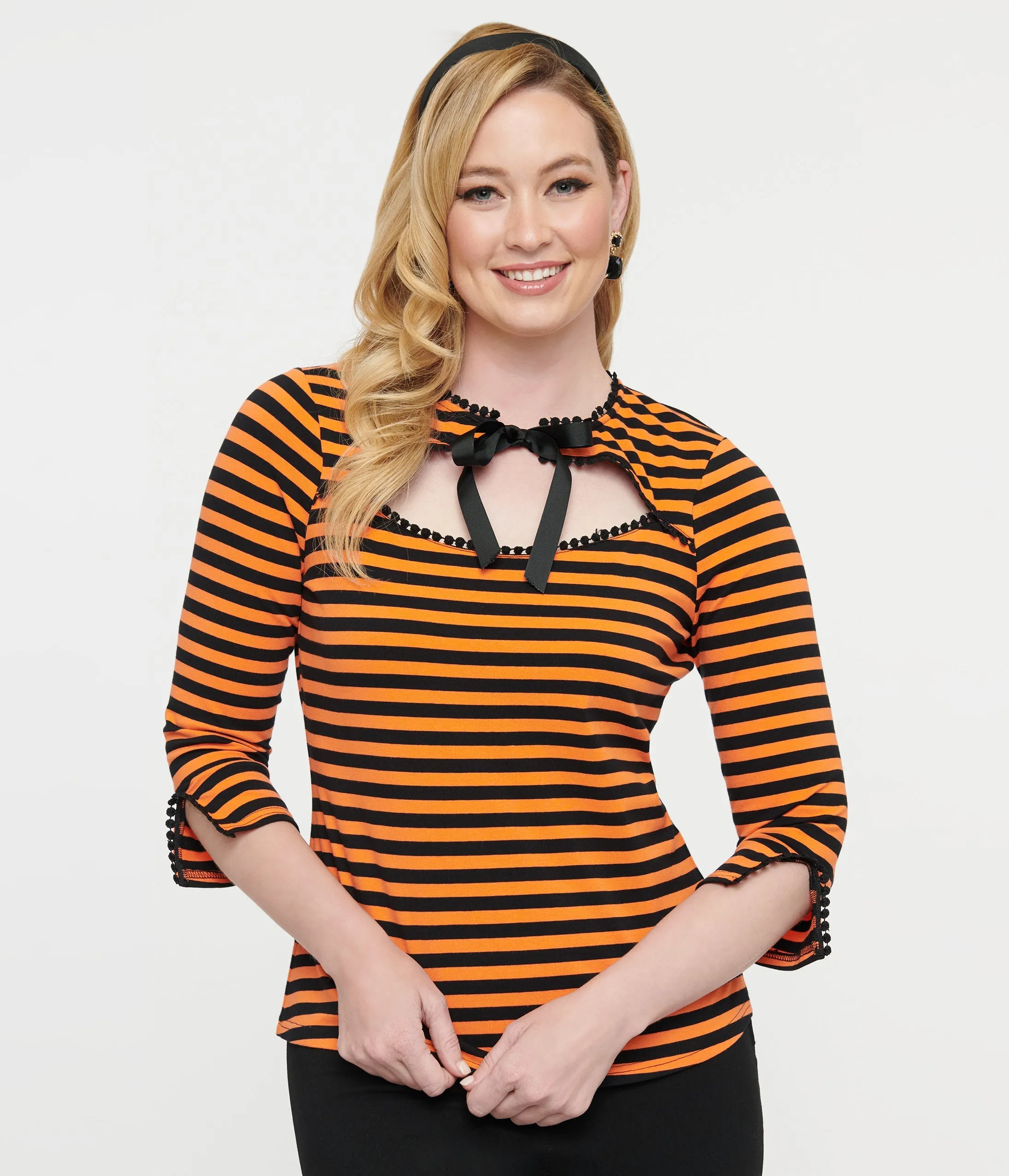 1950s Orange & Black Stripe Cutout Neck Tie Top by Unique Vintage