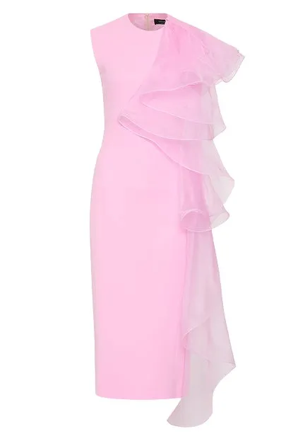 --Orchid Crepe Ruffle Shoulder Dress-