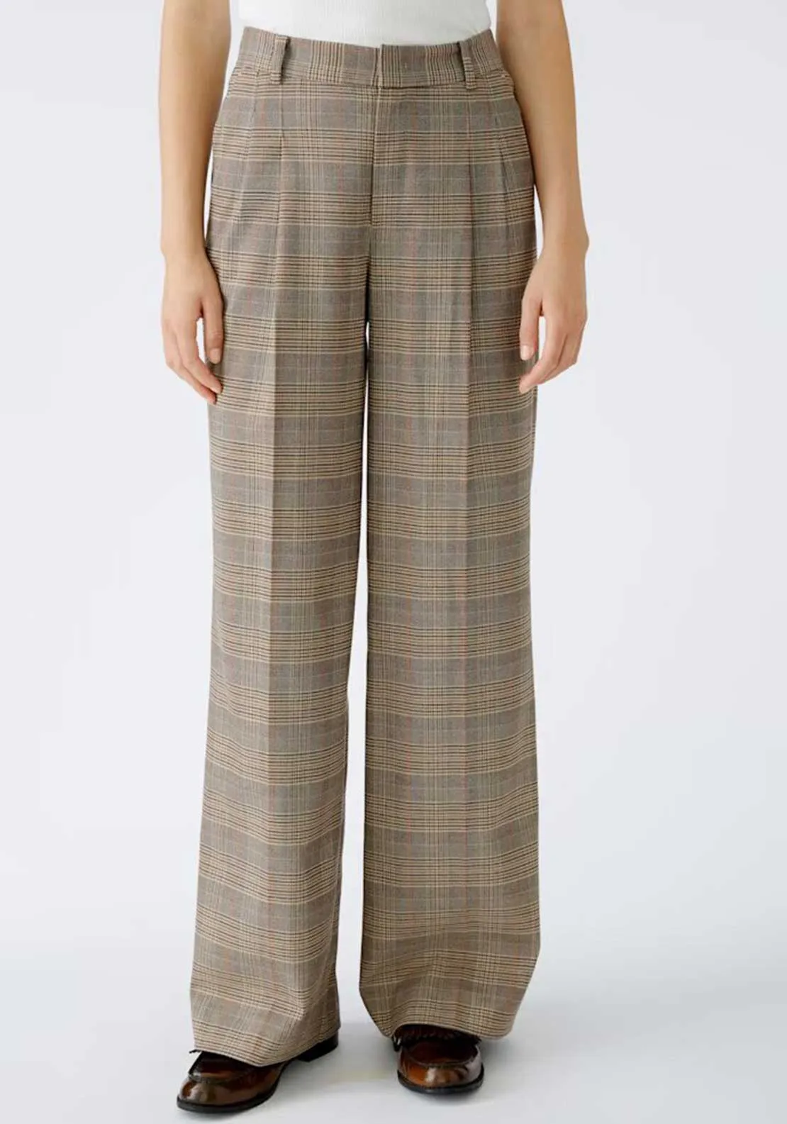 Oui Checked Straight Leg Trousers, Brown