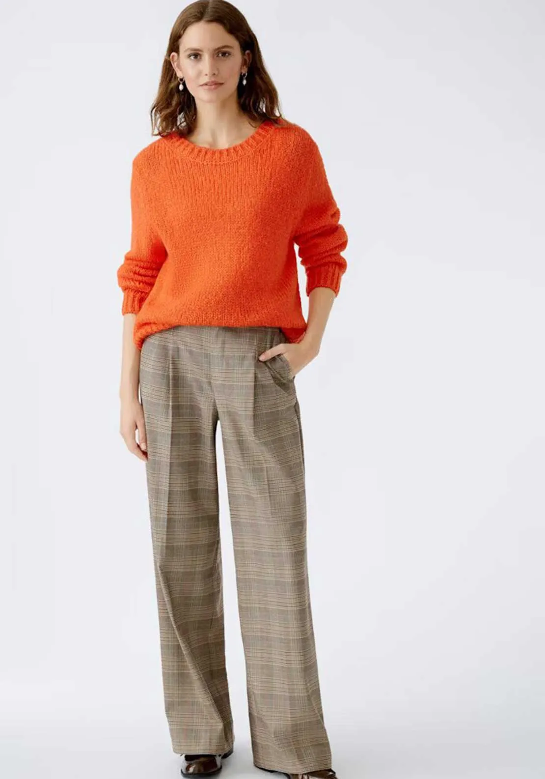 Oui Checked Straight Leg Trousers, Brown