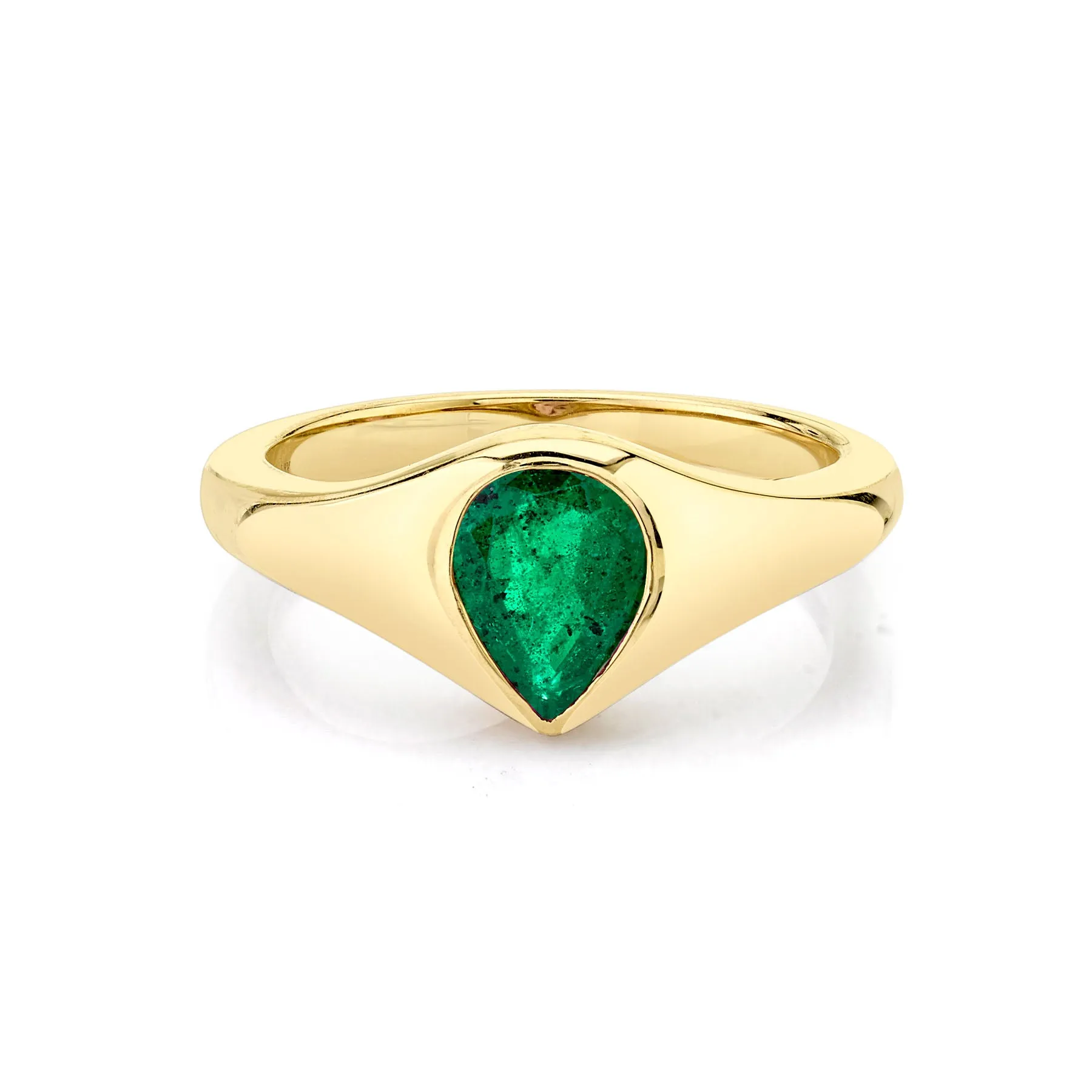 Pear Flush Set Signet - Emerald / 14k Yellow Gold