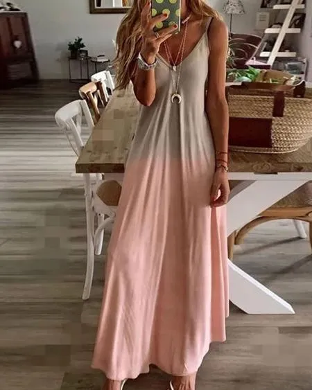 Pink Ombre Colorblock V-Neck Maxi Dress