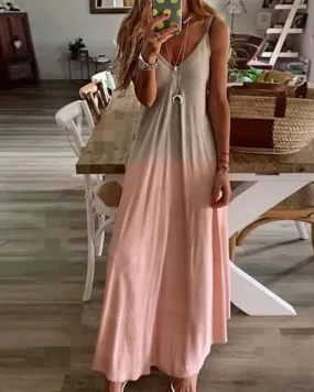 Pink Ombre Colorblock V-Neck Maxi Dress