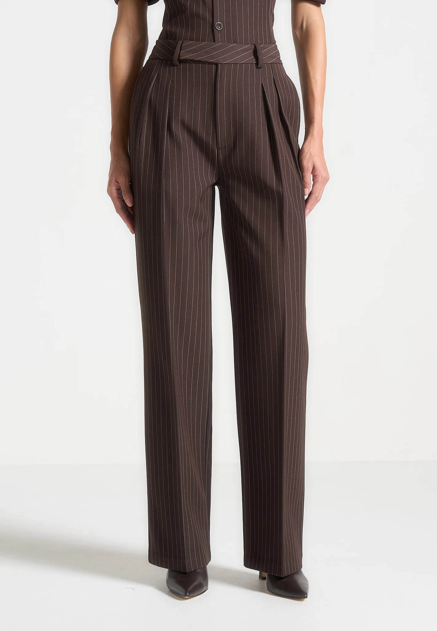 Pinstripe Twin Pleat Tailored Trousers - Brown