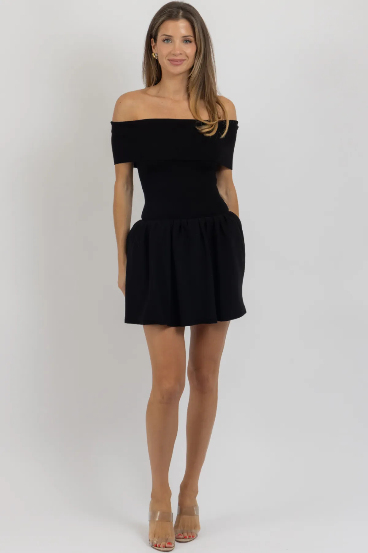 PIPPA BLACK OFF SHOULDER MINI DRESS