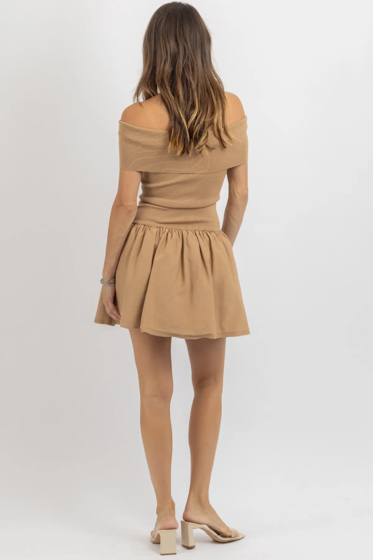 PIPPA TAUPE OFF SHOULDER MINI DRESS