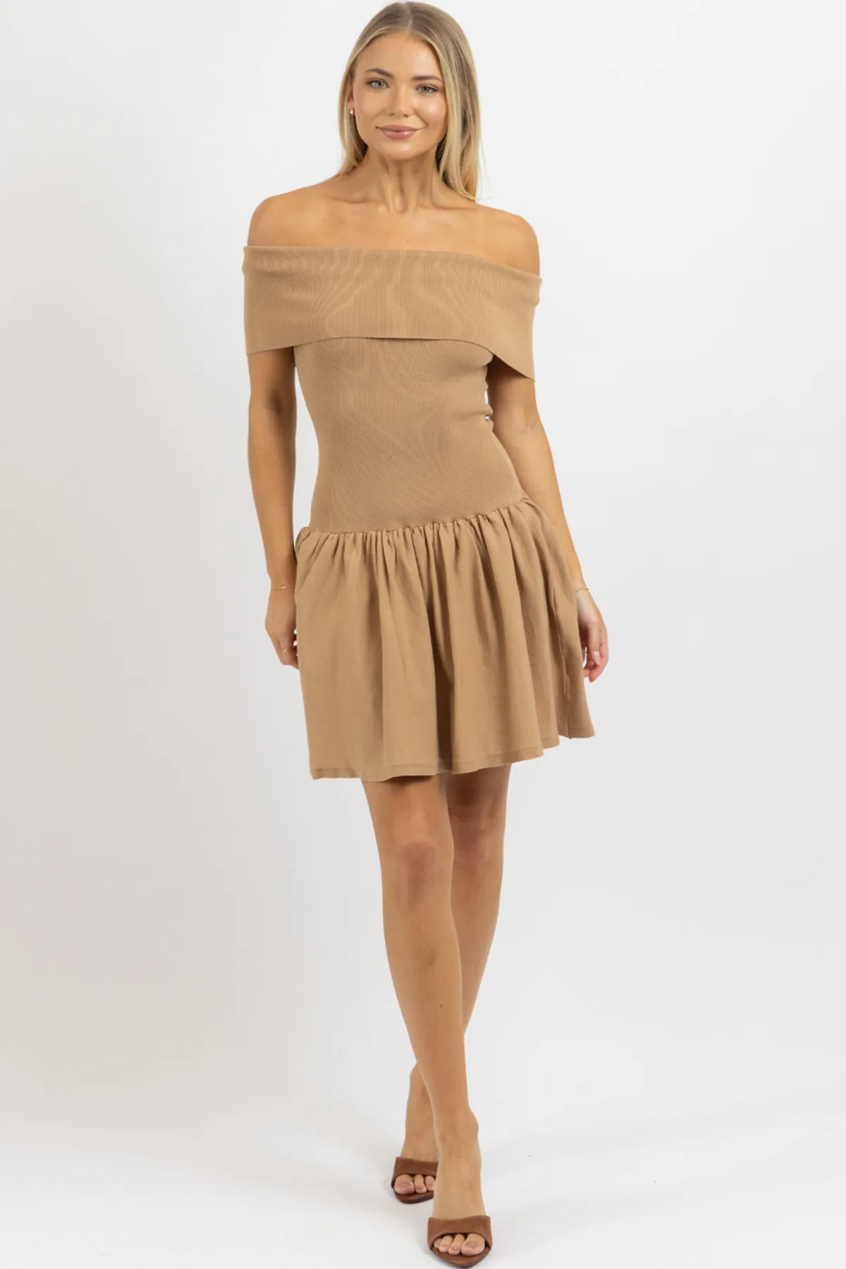 PIPPA TAUPE OFF SHOULDER MINI DRESS