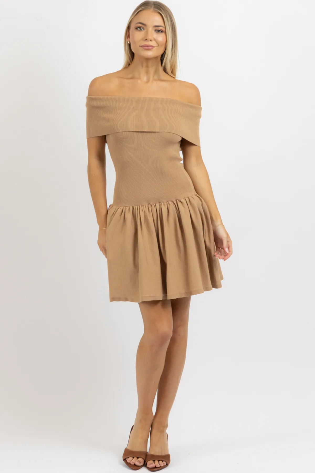 PIPPA TAUPE OFF SHOULDER MINI DRESS