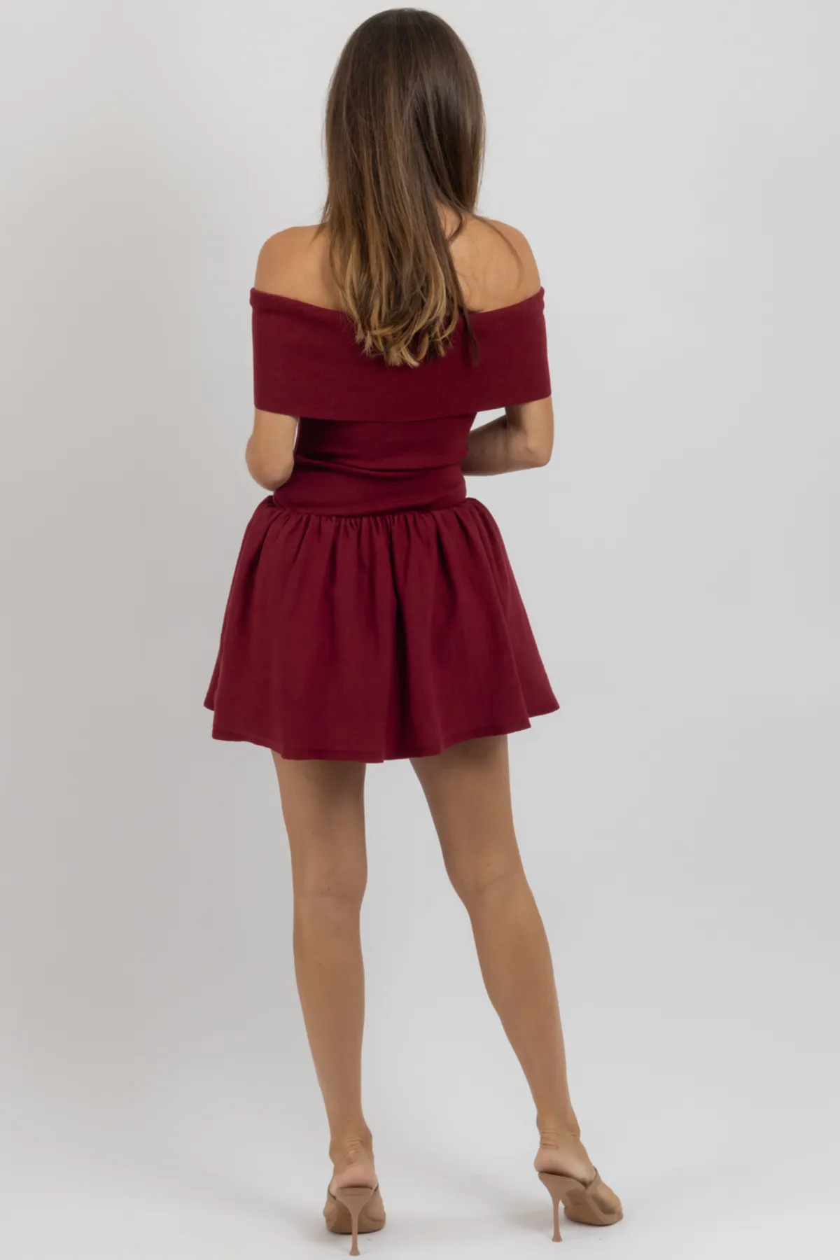 PIPPA WINE OFF SHOULDER MINI DRESS