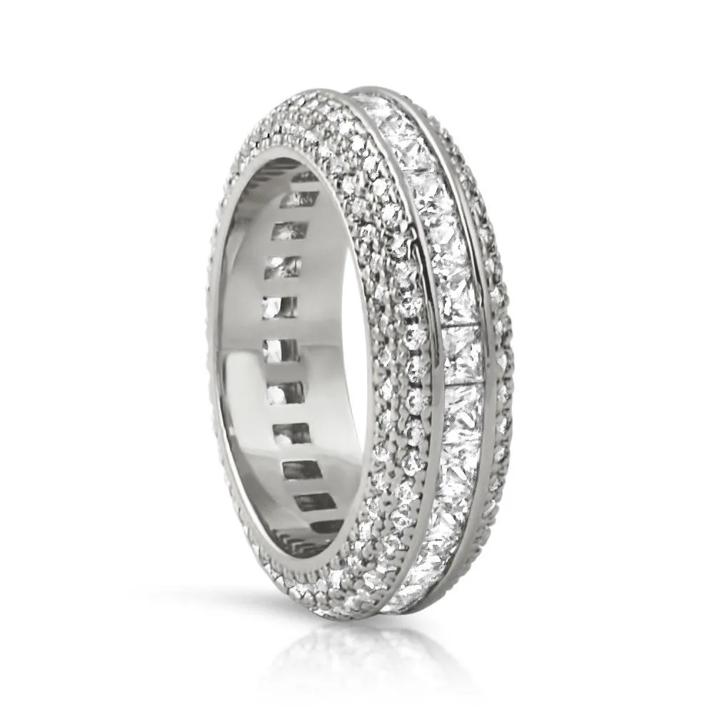 Princess Cut Channel Set Micro Pave Eternity Band Ring in Rhodium