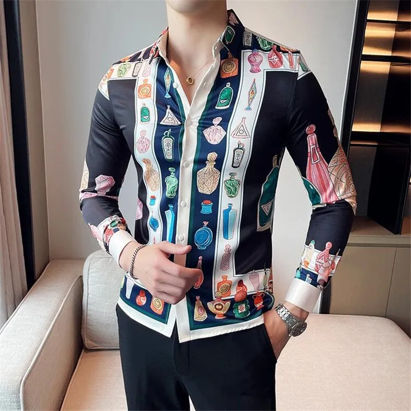 Men's Luxury Printed Pattern Slim Fit Long Sleeve Shirt