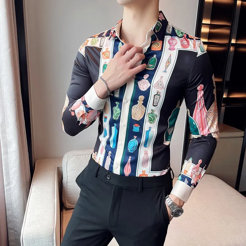 Men's Luxury Printed Pattern Slim Fit Long Sleeve Shirt