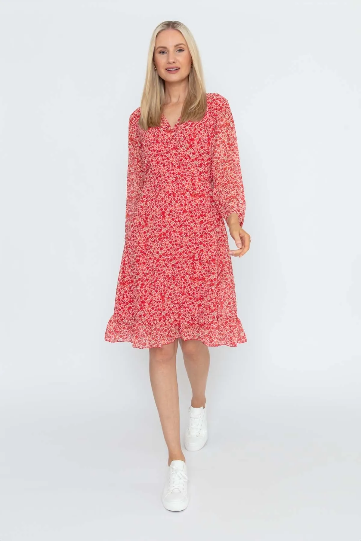 Roisin Knee Length Dress in Red Print