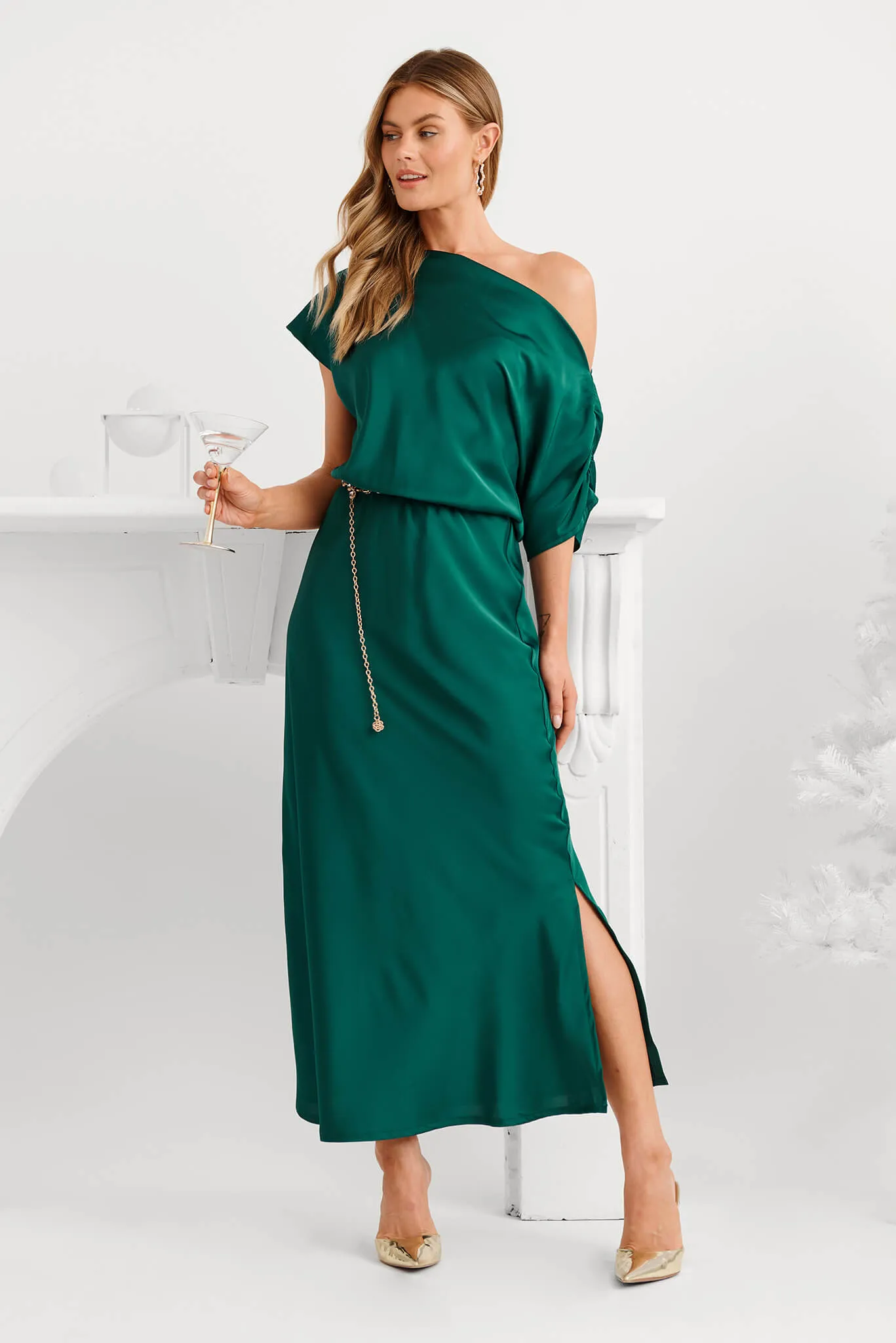 Sarita Maxi Off Shoulder Dress in Emerald Green Satin