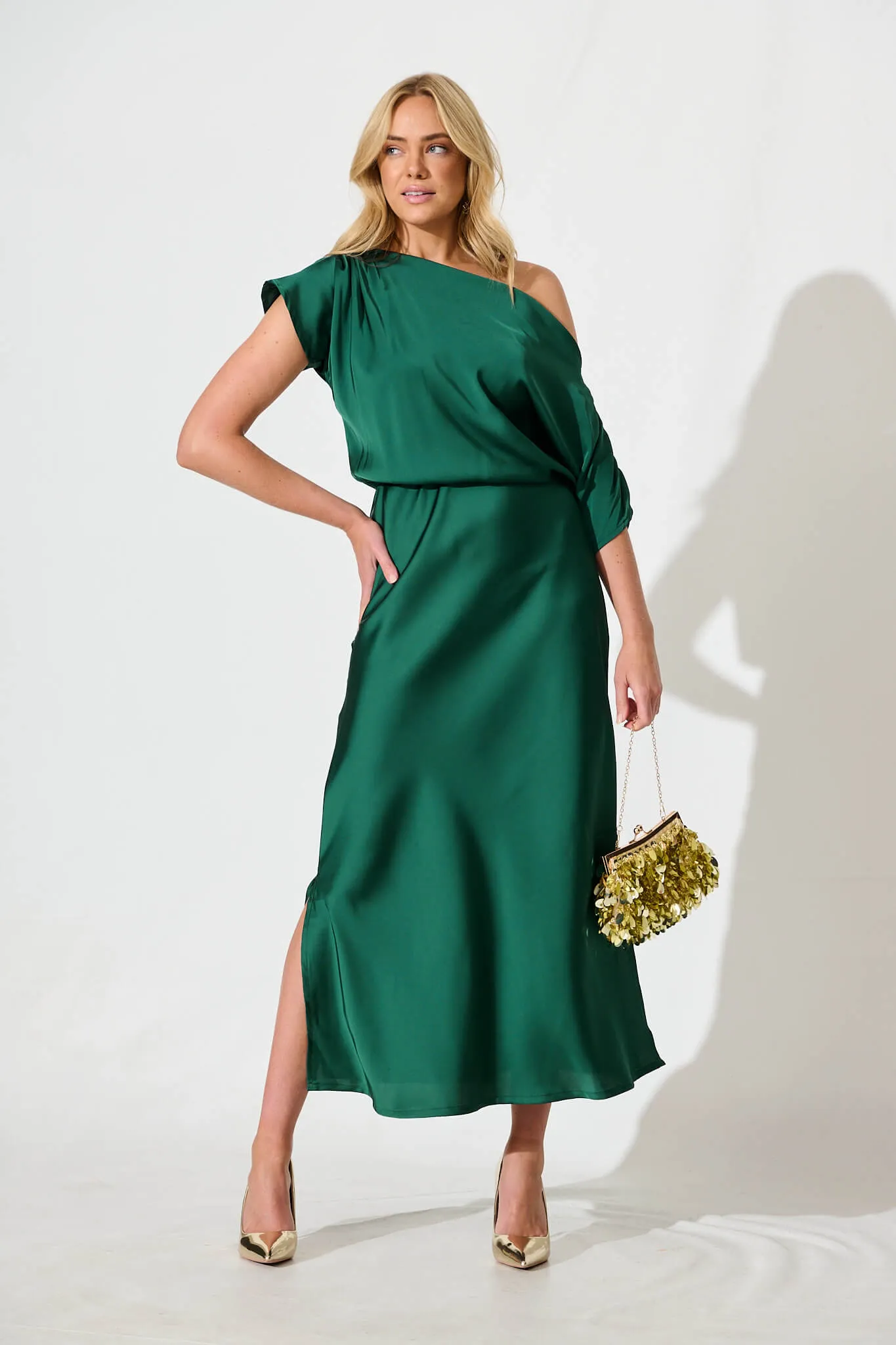 Sarita Maxi Off Shoulder Dress in Emerald Green Satin