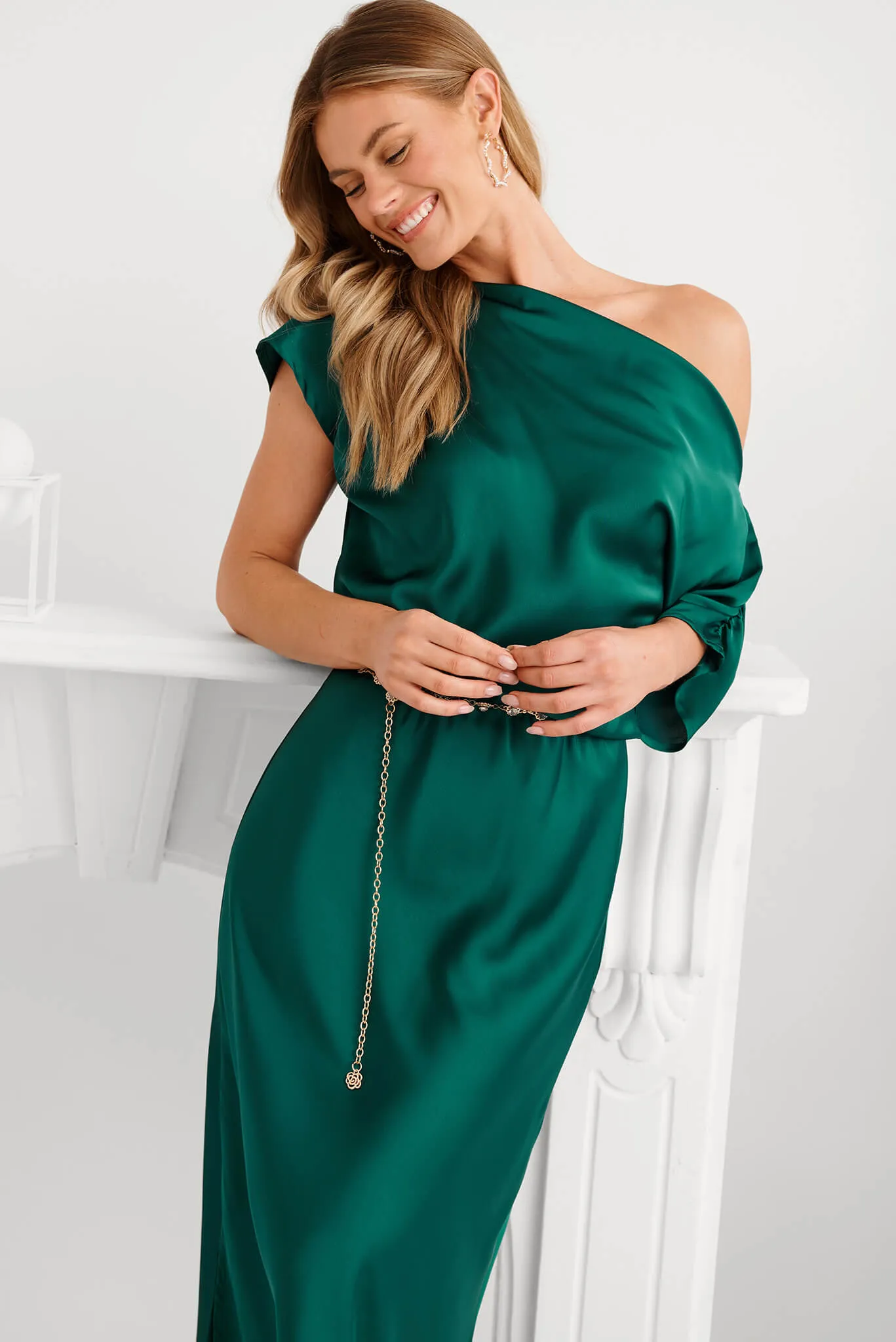 Sarita Maxi Off Shoulder Dress in Emerald Green Satin