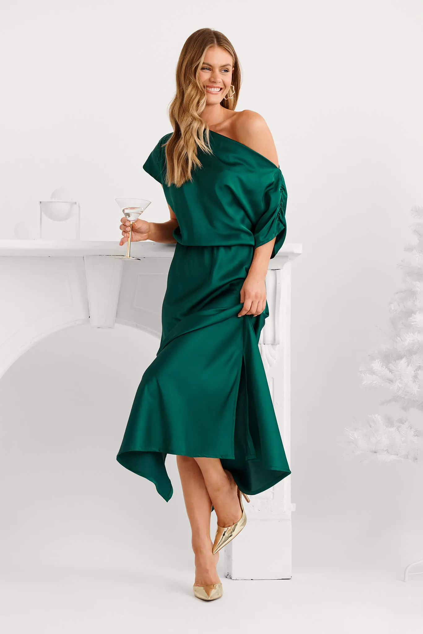 Sarita Maxi Off Shoulder Dress in Emerald Green Satin