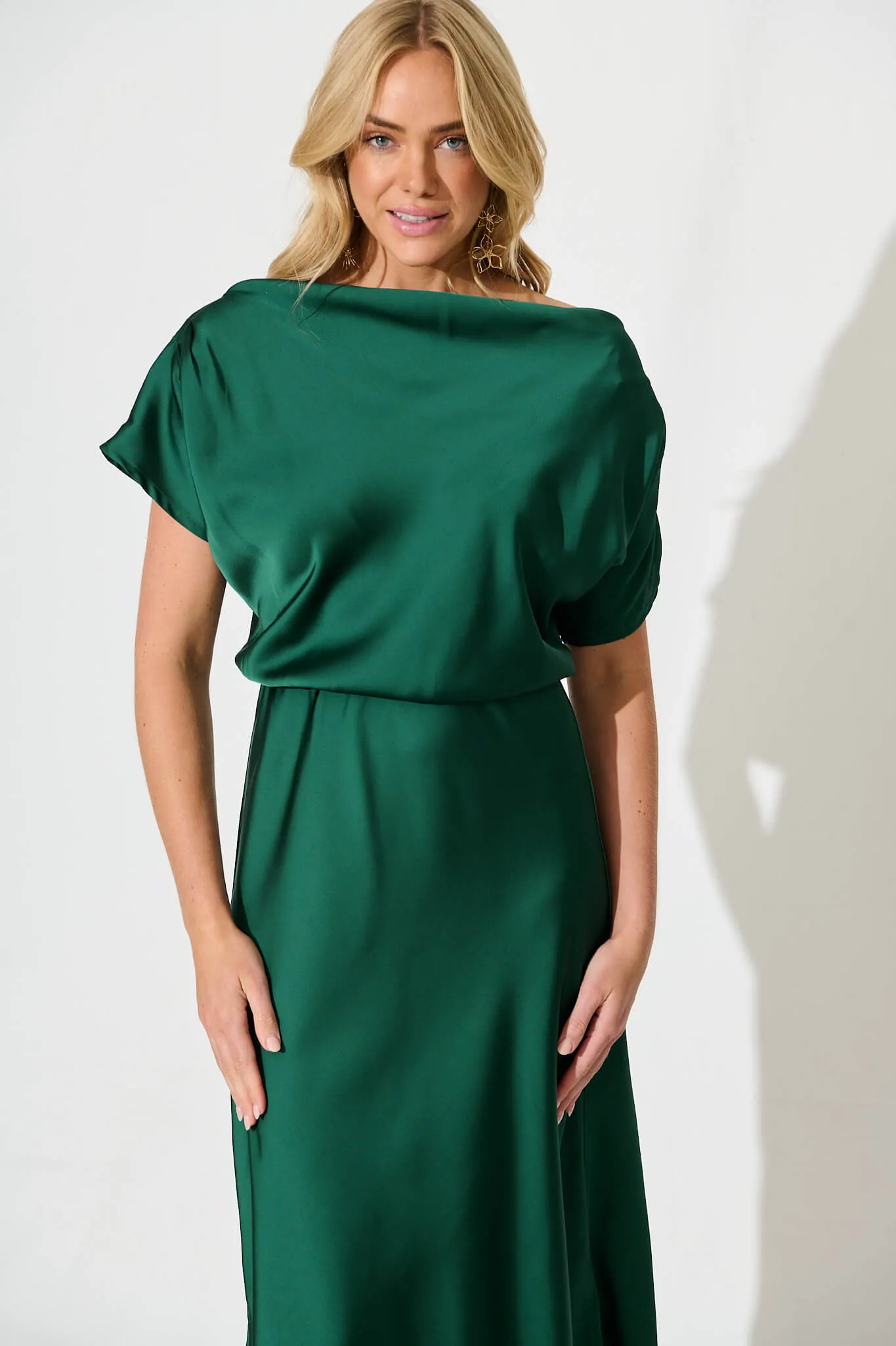 Sarita Maxi Off Shoulder Dress in Emerald Green Satin