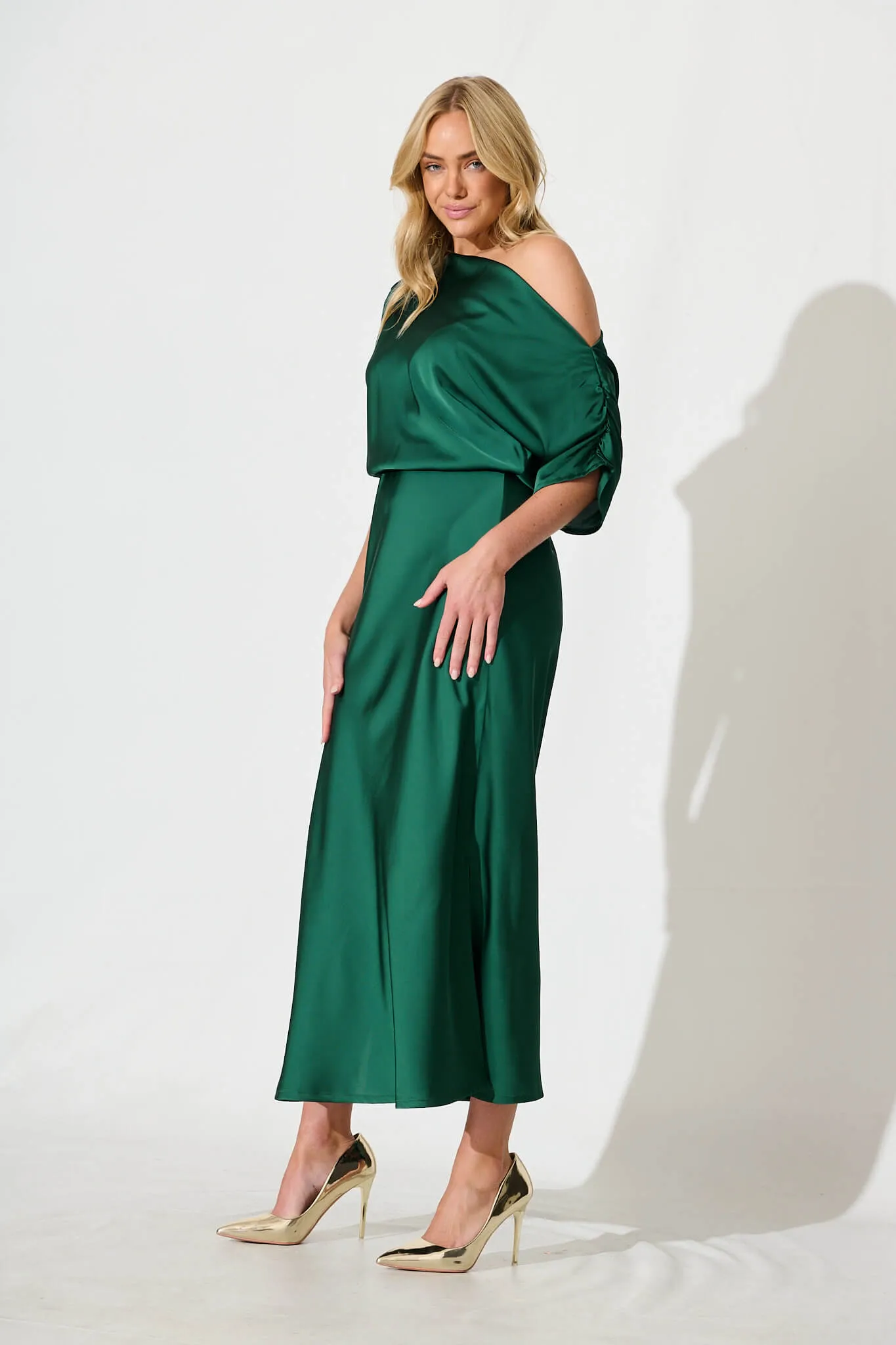 Sarita Maxi Off Shoulder Dress in Emerald Green Satin