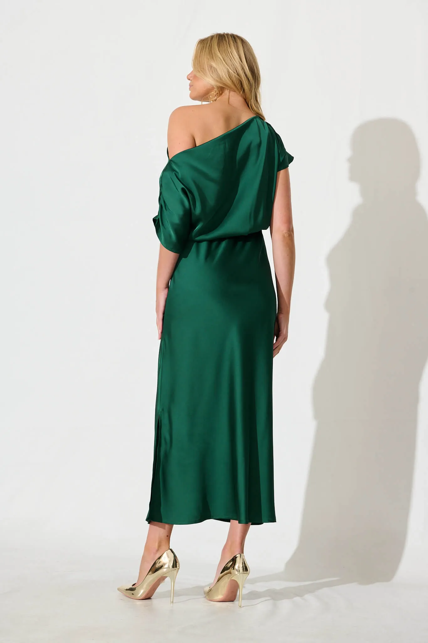 Sarita Maxi Off Shoulder Dress in Emerald Green Satin