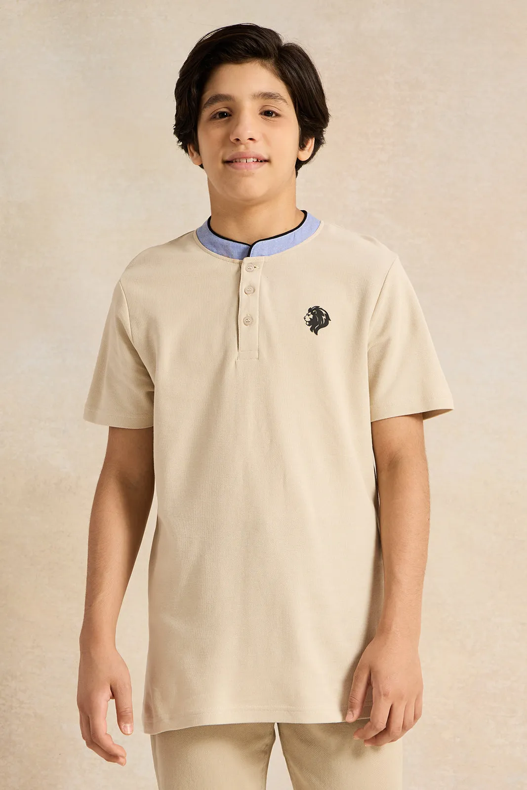 Senior Boys Beige Chambray Mandarin Collar Polo T-Shirt