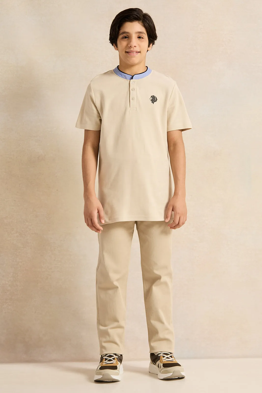 Senior Boys Beige Chambray Mandarin Collar Polo T-Shirt