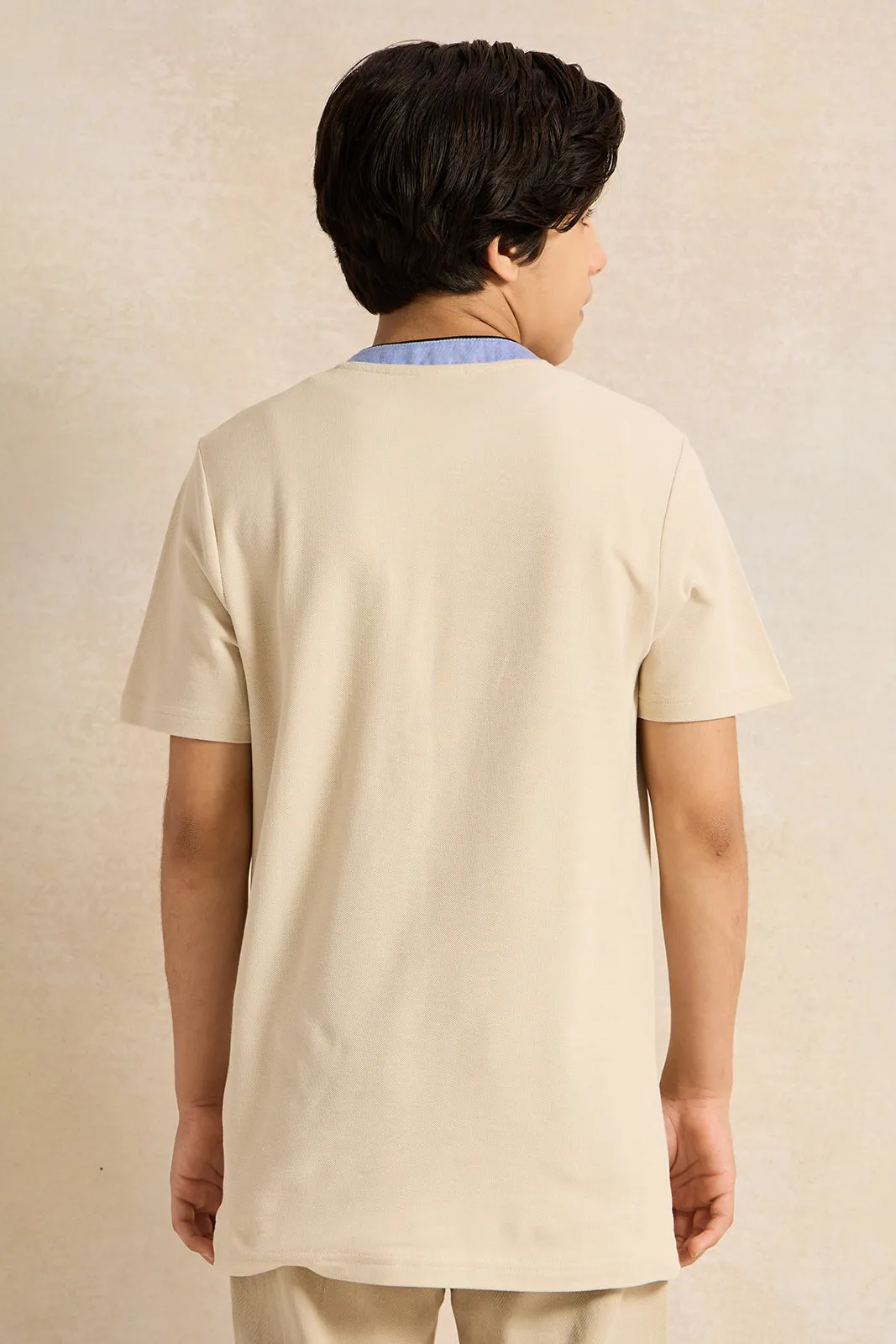 Senior Boys Beige Chambray Mandarin Collar Polo T-Shirt