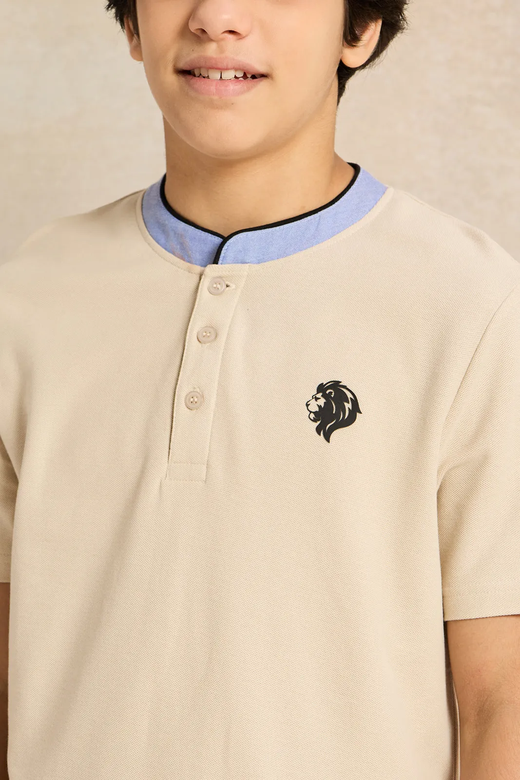 Senior Boys Beige Chambray Mandarin Collar Polo T-Shirt