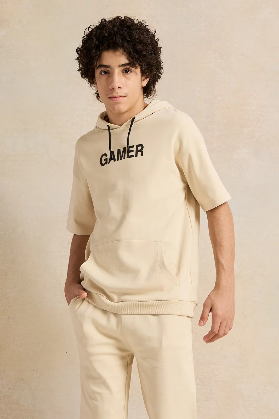 Senior Boys Beige Oversize Hooded Sweatshirt