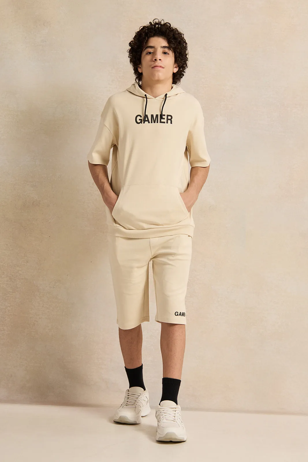 Senior Boys Beige Oversize Hooded Sweatshirt